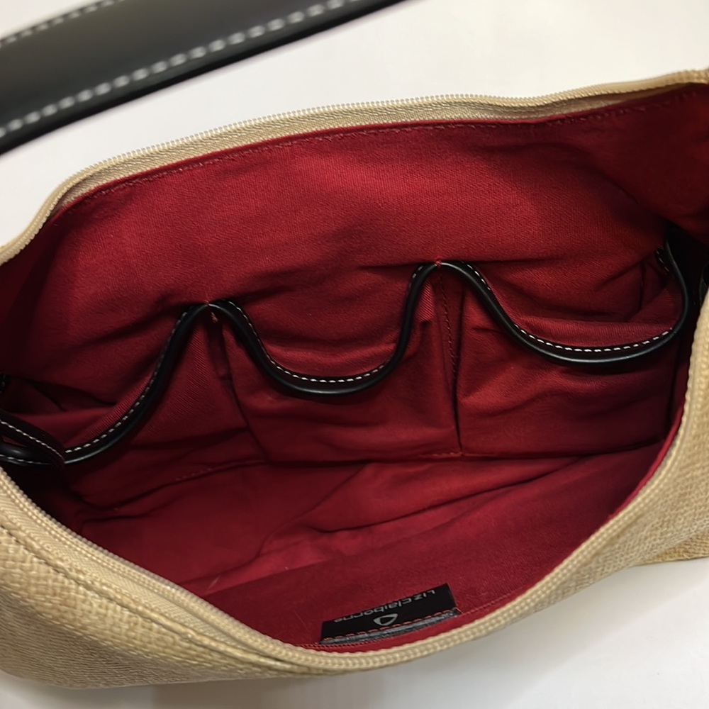 Liz Claiborne Beige Straw Weave Handbag Neutral Black Trim - Picture 5 of 15